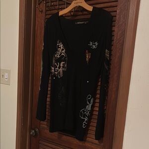 Ladies Black V Neck Sweater with Hood and Side pockets